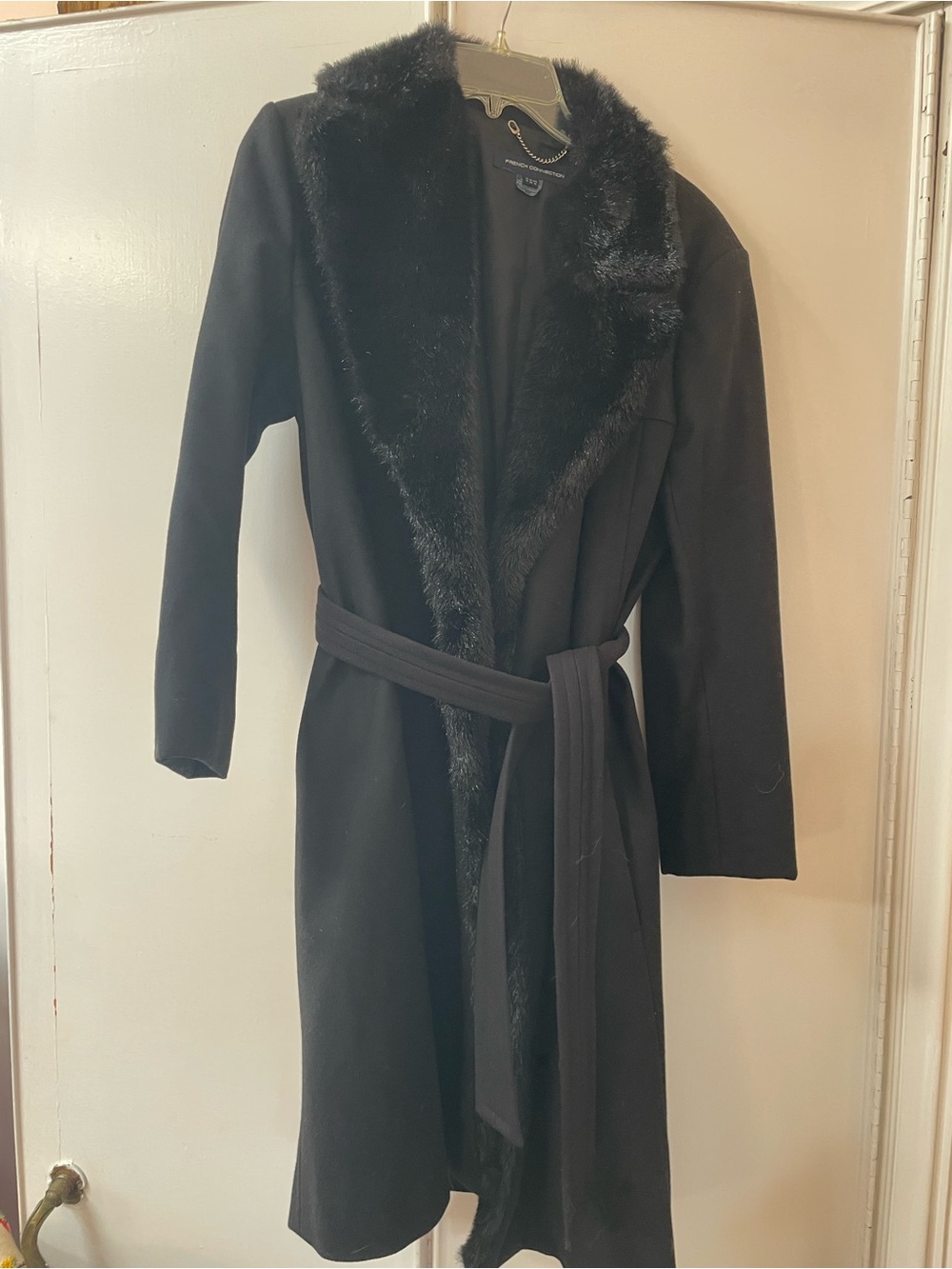 French Connection Black Faux Fur Trim Belted Pea Coat